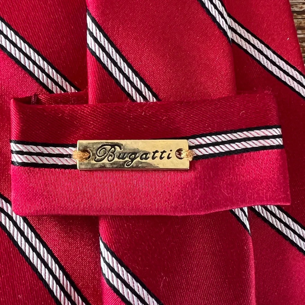 Bugatti Tie Red with White and Black Stripes 100% Silk